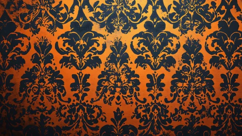 Distressed black baroque damask pattern on vivid orange ground