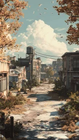 Abandoned rural street under warm autumn light and sky.