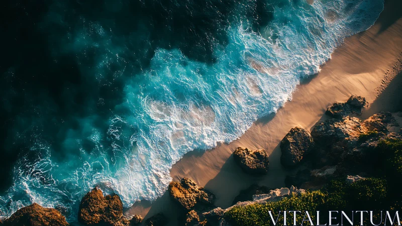 Photorealistic aerial shoreline with waves, rocks, and sand interplay.
