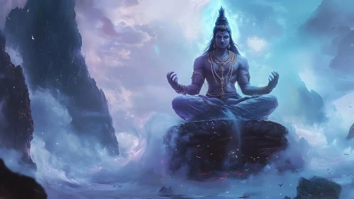 Blue-skinned deity meditates on floating lotus above mist