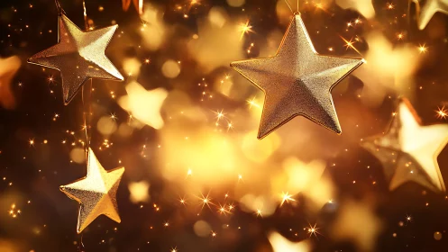Golden hanging stars shimmer amid glowing holiday lights.