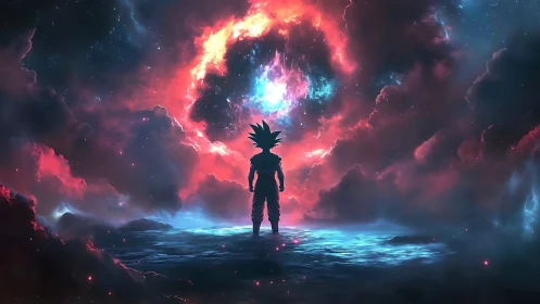 Cosmic warrior silhouette in nebular aperture composition.