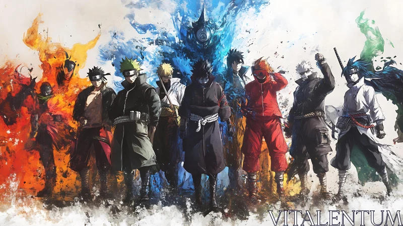 Elemental warriors line-up in explosive anime formation.