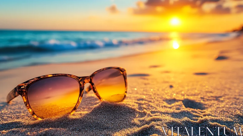 Sunglasses resting on sandy beach at vivid sunset glow.