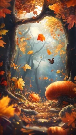 Autumn forest path with pumpkins and drifting leaves.