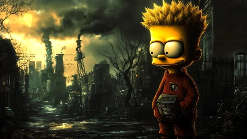 Cartoon boy studies desolate industrial apocalypse in glow.