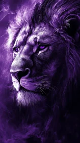 High-contrast violet lion portrait with volumetric fur lighting
