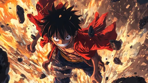 Anime character in red coat amid fiery debris field.