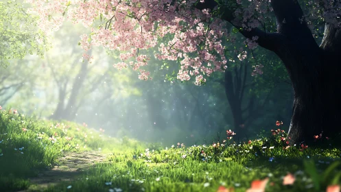 Backlit cherry blossom grove renders volumetric morning light