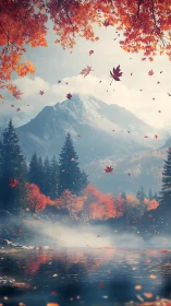 Autumn mountain valley rendered with atmospheric depth and misty river