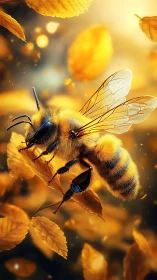 Macro digital rendering of honeybee among golden leaves.
