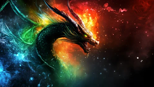 Fiery neon dragon emerging through swirling cosmic smoke.