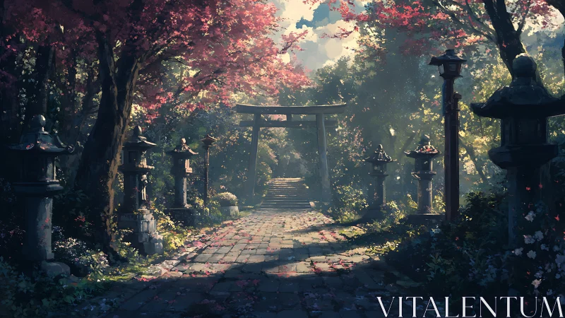 Sunlit shrine path drifts beneath a rain of crimson petals