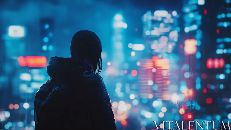 Lone figure studies neon cityscape through rainy window.