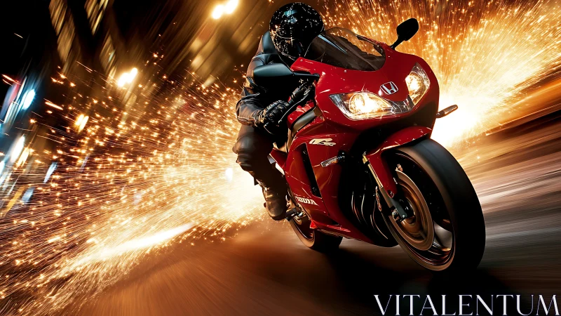 Scarlet superbike slices night streets in a shower of sparks.