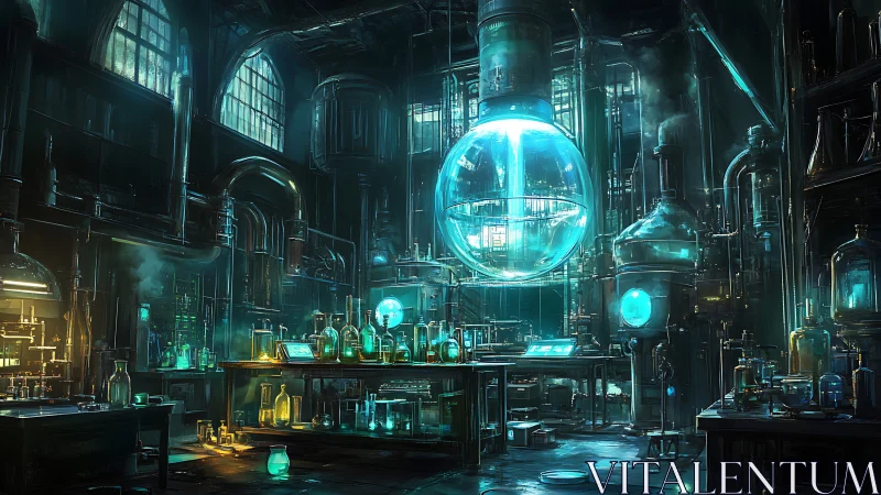 Futuristic laboratory interior shows complex glass reactor network