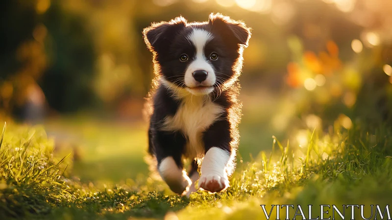 Sunlit sprint of a bright-eyed border collie pup in clovered grass.