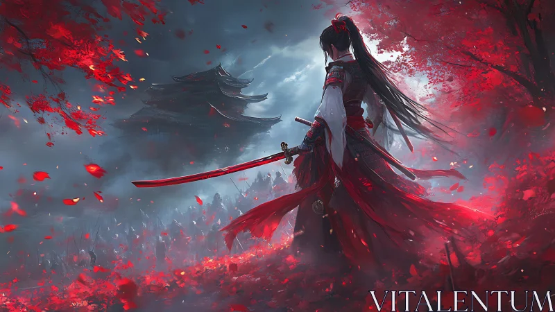 Samurai commander amid crimson leaf vortex before fortress.