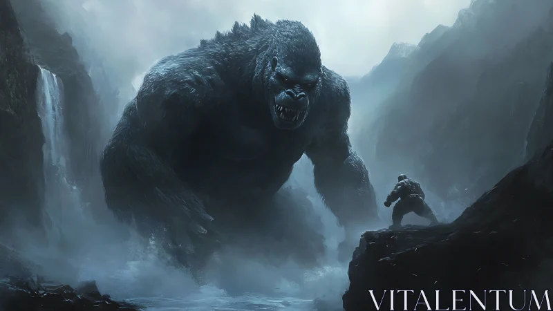 Titan ape storms misty canyon to confront lone warrior.
