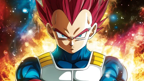 Intense anime warrior portrait before cosmic firestorm.