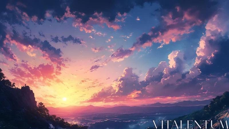 Sunset illuminates stratified clouds above distant valley