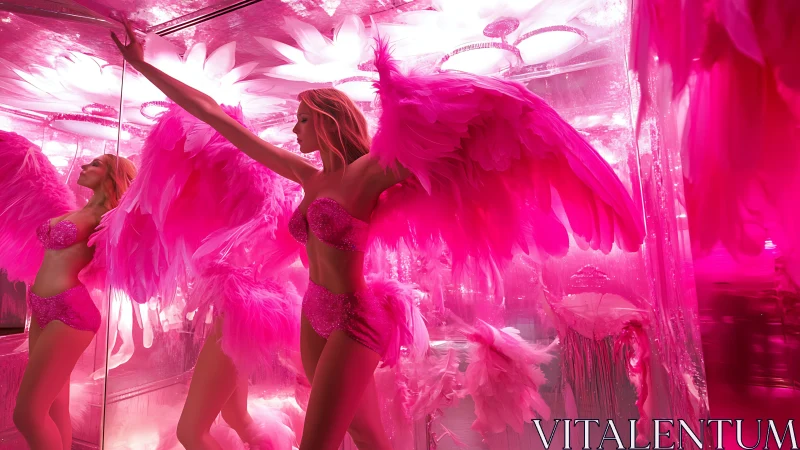 Pink winged showgirl extends feathered wings in mirrored room