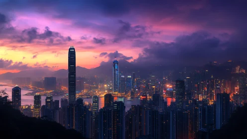 Twilight skyline over dense harbor metropolis, high dynamic range.