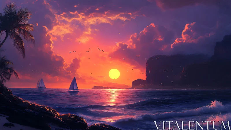 Vivid tropical seascape captures radiant sunset and sails