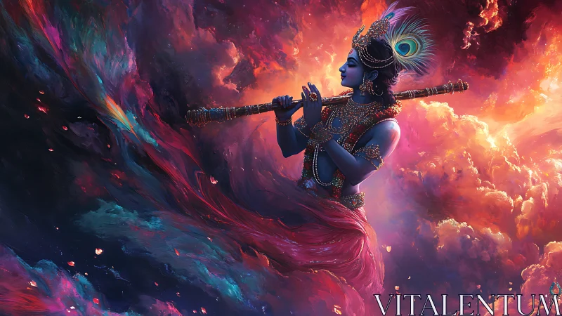 Divine blue-skinned figure plays flute amid swirling nebula