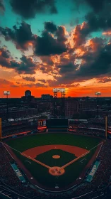 Sunset baseball game glowing under dramatic city skies.