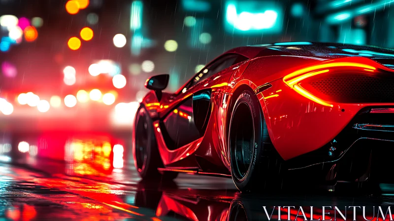 Sleek red supercar glows against rainy neon city lights tonight