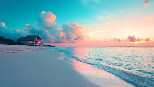 Tropical Beach Sunset with Illuminated Stilthouse and Cloud Formation