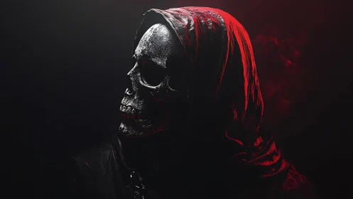 Hooded skeletal figure in profile with high contrast lighting.