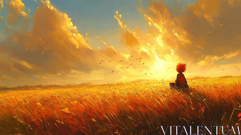 Solitary figure in golden wheat field at radiant sunset.