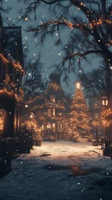 Snowy Christmas street glows with warm lights and gentle magic
