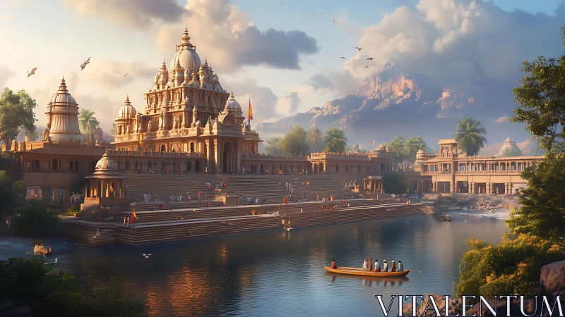 Riverfront temple complex with stepped ghats and mountains.