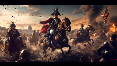 Digital cavalry charge storms neoclassical city in fiery battle