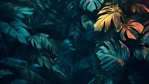 Tropical foliage shows teal shadows with isolated warm highlights