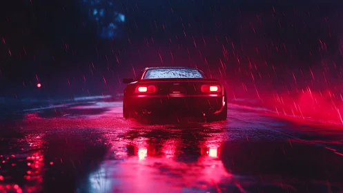 Sports car rear view in neon rain on wet night road.