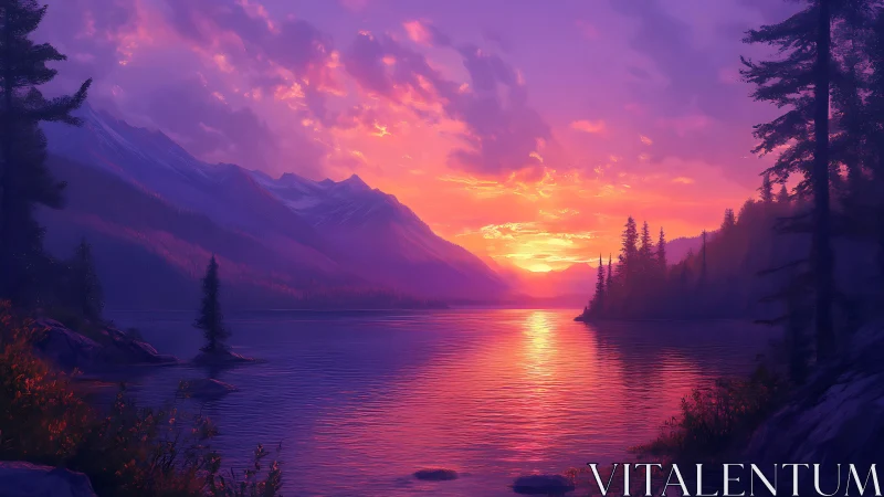 Twilight blaze over still mountain lake in violet hush.