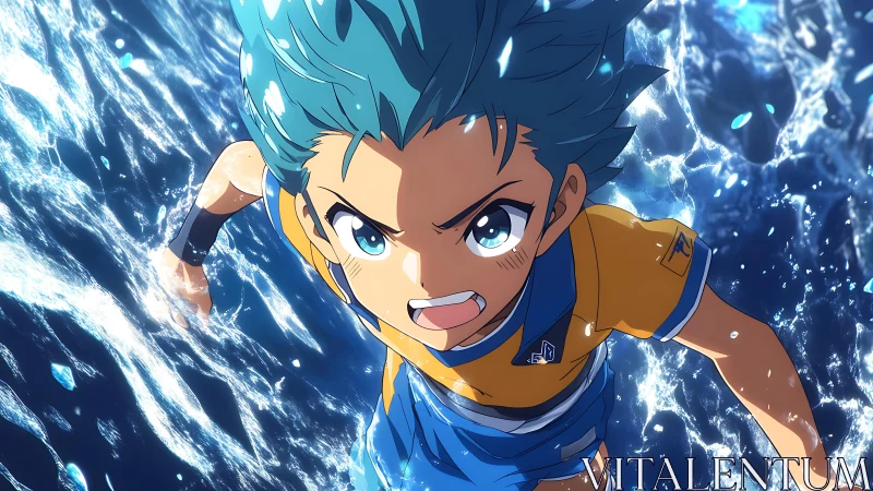 Dynamic anime athlete charging through crystalline water field.