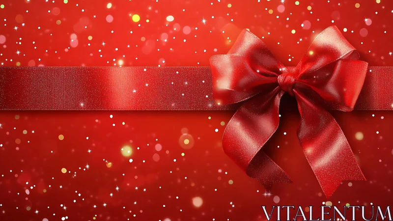 Glimmering red ribbon bow wrapped in festive sparkles.