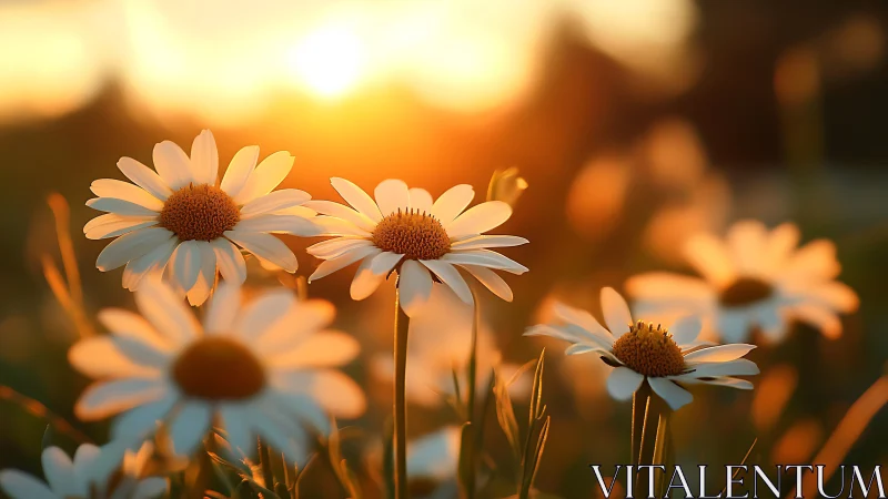 Golden Hour Daisy Cluster: Backlit Compositional Arrangement with Depth of Field.