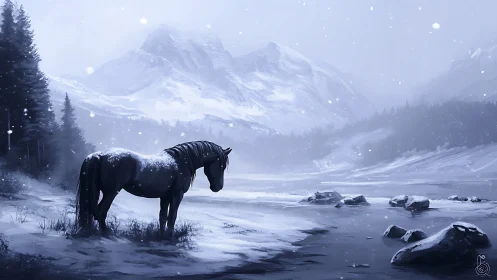 Solitary horse beside a quiet snowy mountain river.