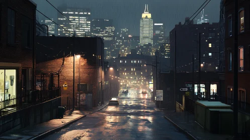 Rain-slick backstreet hums quietly beneath glassy towers