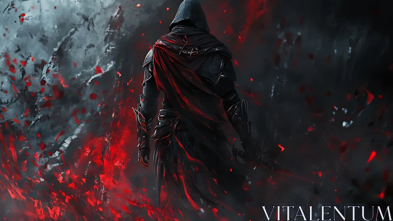 Hooded warrior with sword in red and black swirling smoke.