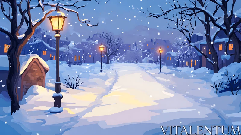 Luminous winter street under snowfall with warm lamplight glow.
