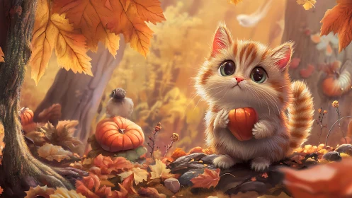 Autumn Forest Kitten Holds Pumpkin Among Golden Leaves and Warm Light