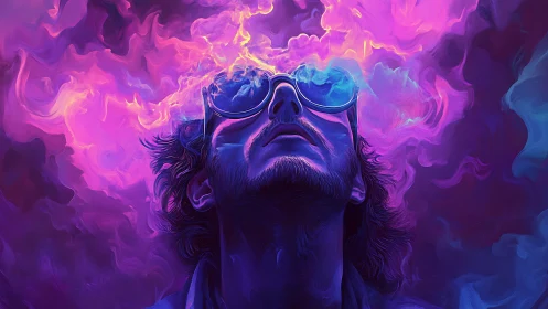 Chromatic vapor hallucination over reflective neon eyewear.