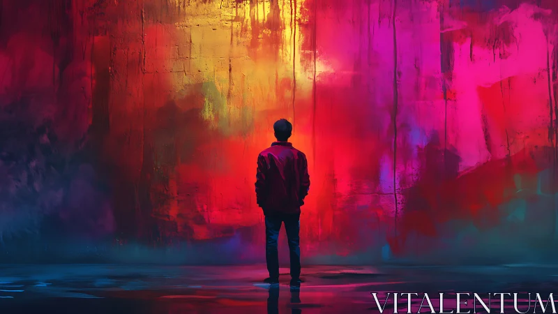 Solitary figure before luminous abstract color field wall.